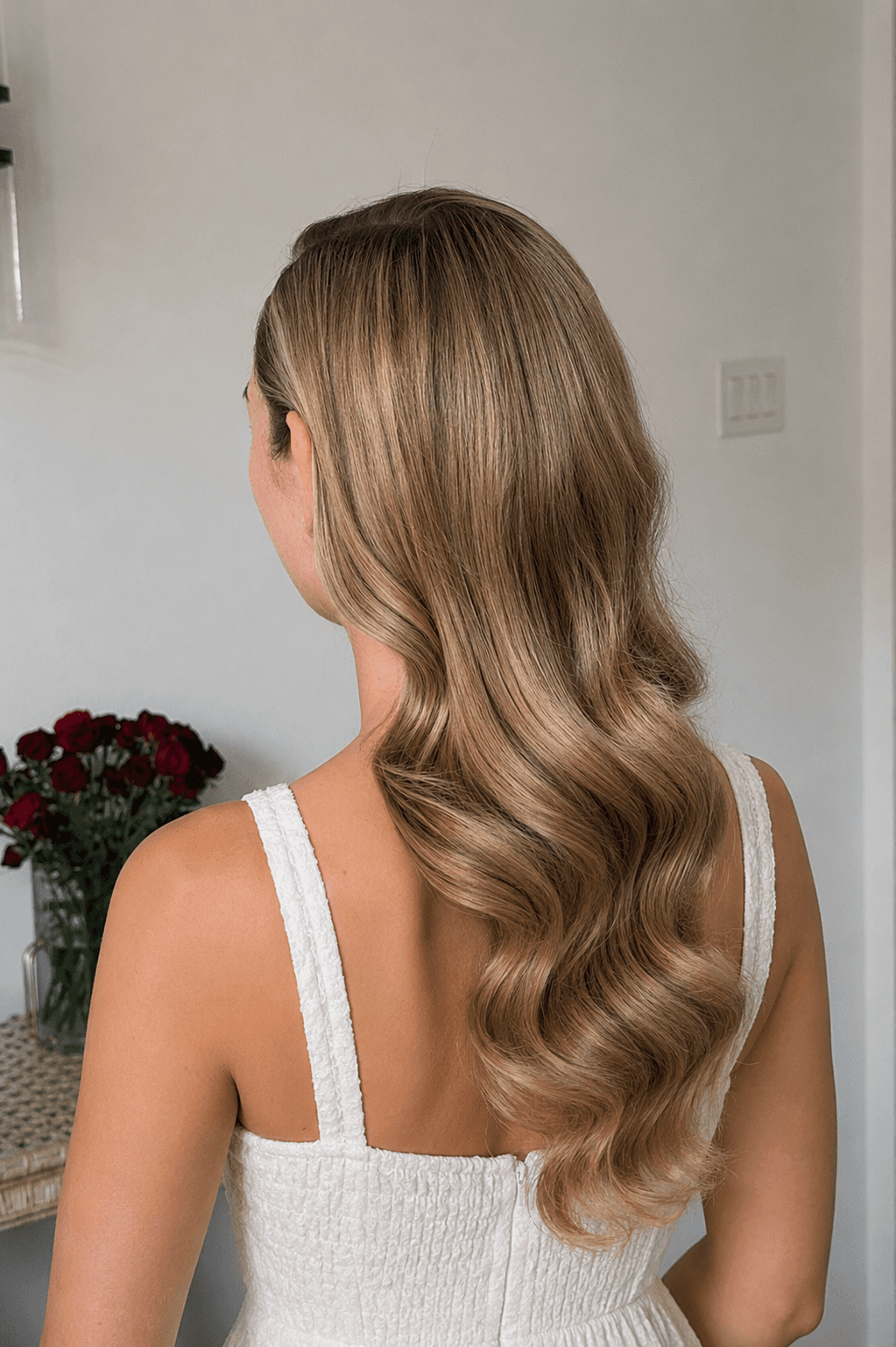 Glossy blonde hair styled in smooth, sculpted waves.
